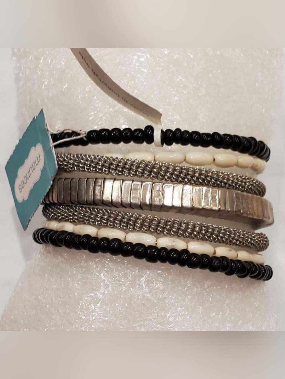 New Maurices Women's Coil Spring Beaded Bracelet Black, Silver, White
